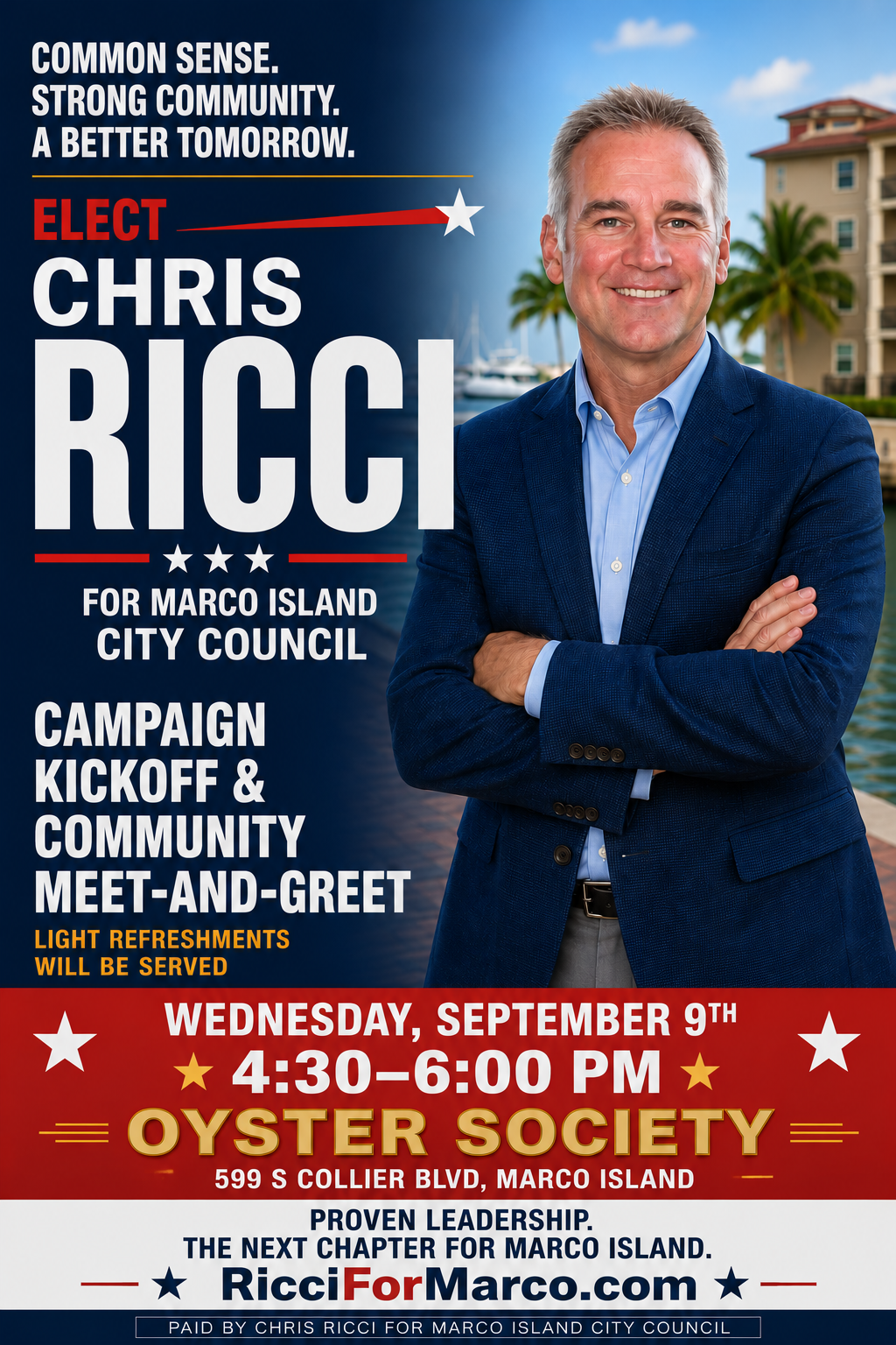Campaign kickoff and community meet-and-greet flyer for Chris Ricci at Oyster Society on Wednesday, September 9, 2026 from 4:30-6:00 PM